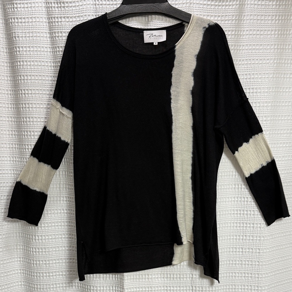 Zoe Couture Silk Black/Cream Tie-Dye Sweater minimalist luxury Lagenlook‎ SZ M